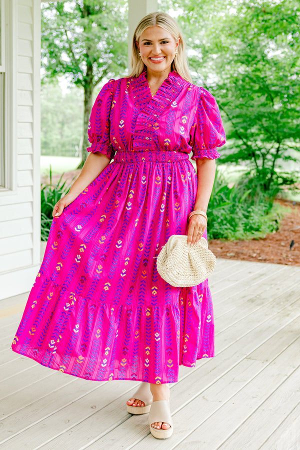 Chic Soul Plus size clothing, magenta block pattern maxi dress with bubble sleeves that have a ruffle detail at the end of the sleeves and along the neckline, as well as a ruched waistband 
