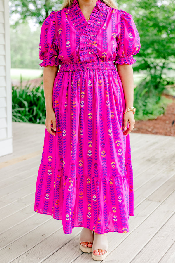 Chic Soul Plus size clothing, magenta block pattern maxi dress with bubble sleeves that have a ruffle detail at the end of the sleeves and along the neckline, as well as a ruched waistband 
