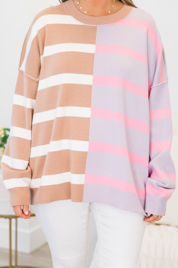 Chic Soul plus size clothing, two toned long sleeve knit sweater with cuff sleeves and round neckline with brown and white stripes on one side with pink and grey striped on the other 
