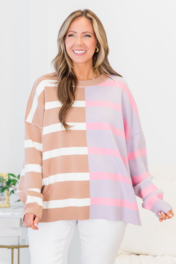 Chic Soul plus size clothing, two toned long sleeve knit sweater with cuff sleeves and round neckline with brown and white stripes on one side with pink and grey striped on the other 