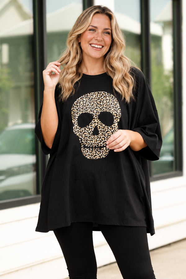 Chic Soul plus size clothing, black tee with a skull and animal print