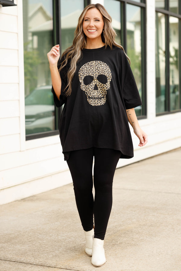 Chic Soul plus size clothing, black tee with a skull and animal print
