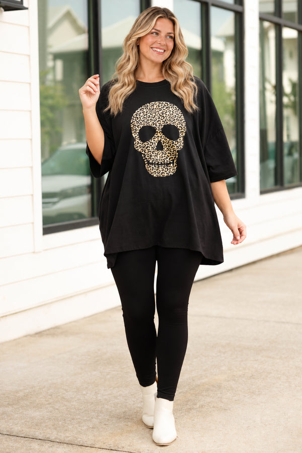 Chic Soul plus size clothing, black tee with a skull and animal print