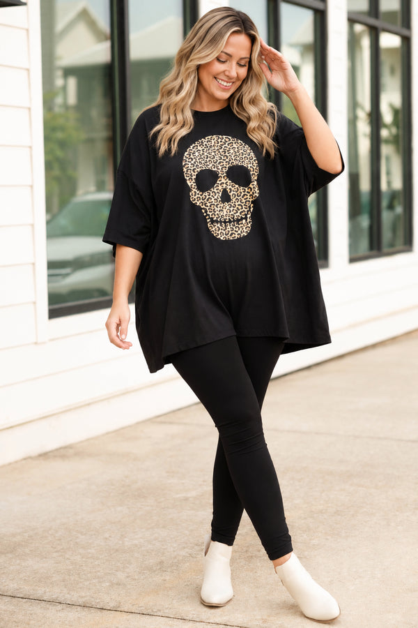Chic Soul plus size clothing, black tee with a skull and animal print