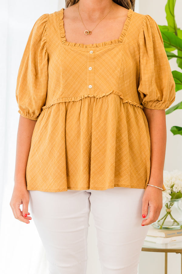 Chic Soul plus size clothing, short sleeve honey baby doll top with ruffles, buttons, and puffed sleeves