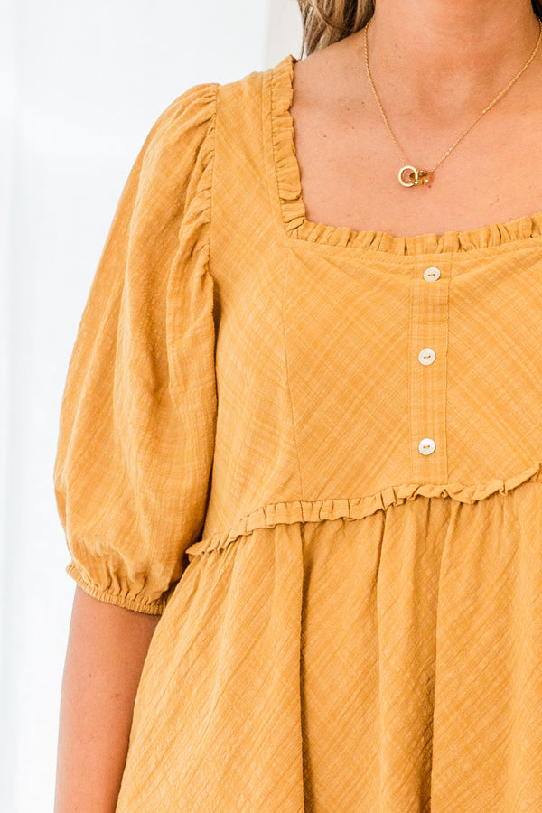 Chic Soul plus size clothing, short sleeve honey baby doll top with ruffles, buttons, and puffed sleeves