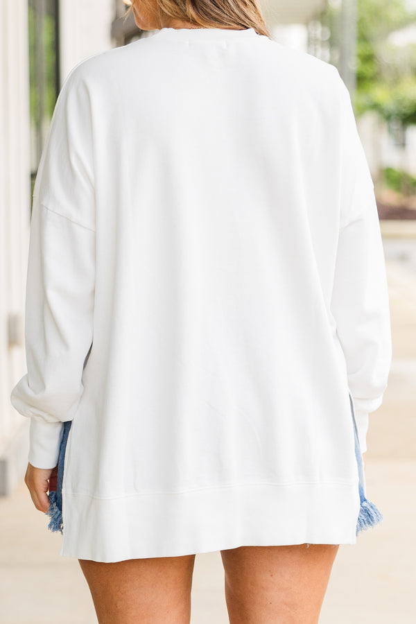 Chic Soul plus size clothing, long sleeve white cozy crewneck with upside down red cowboy boot graphic with a right side up blue cowboy boot graphic