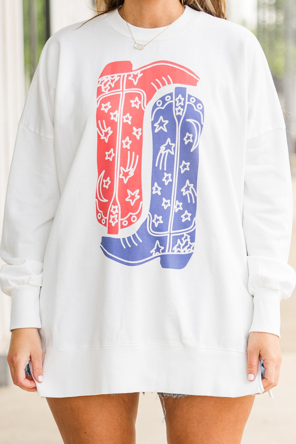 Chic Soul plus size clothing, long sleeve white cozy crewneck with upside down red cowboy boot graphic with a right side up blue cowboy boot graphic