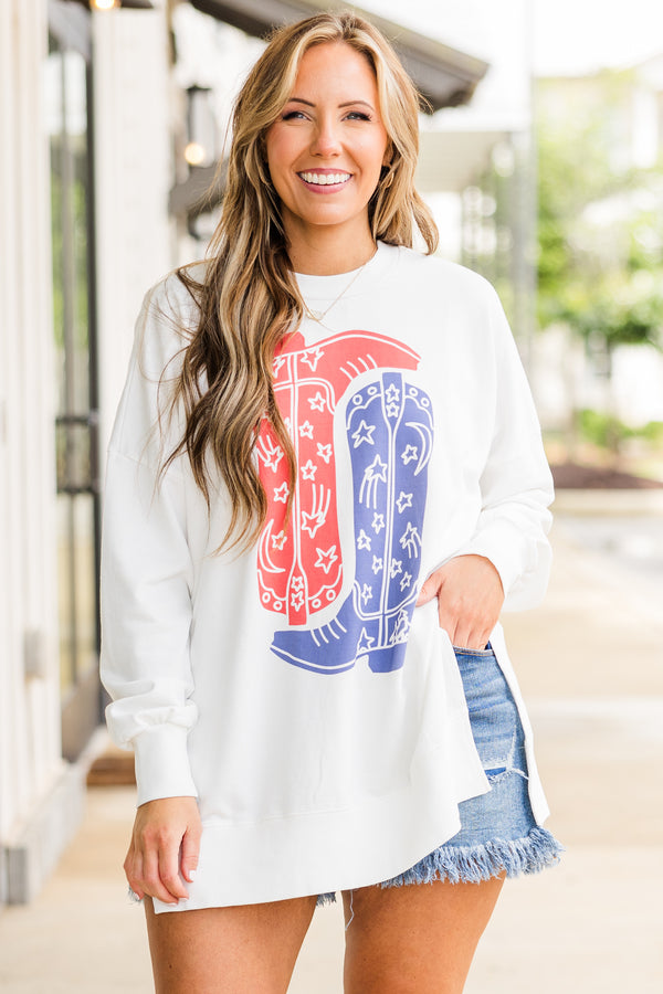 Chic Soul plus size clothing, long sleeve white cozy crewneck with upside down red cowboy boot graphic with a right side up blue cowboy boot graphic