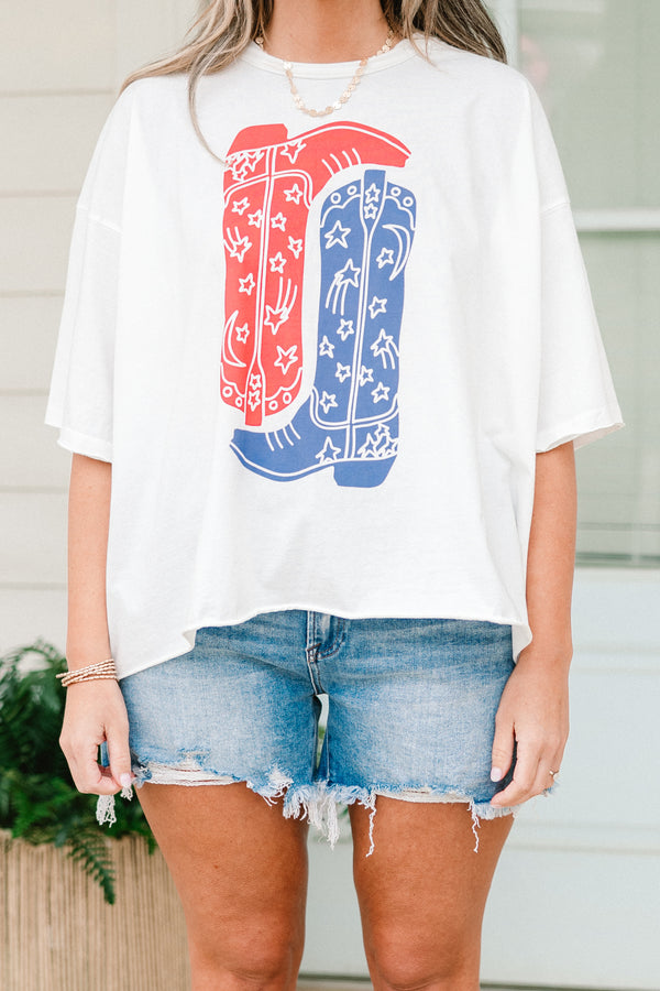 Chic Soul plus size clothing, short-sleeve vintage white wash tee with a high-scoop-neckline and a drop-shoulder with a red and blue graphic of two cowboy boots
