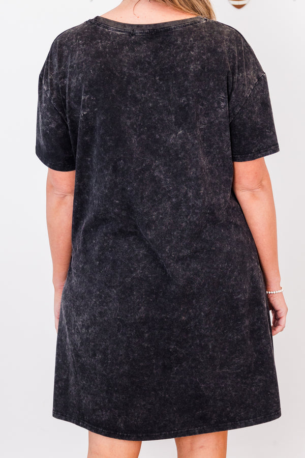 Chic Soul plus size clothing,  short-sleeve black acid wash t-shirt dress with white upside down cowboy boot graphic and a white right-side up cowboy boot graphic 