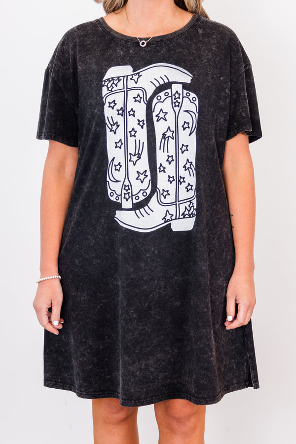 Chic Soul plus size clothing,  short-sleeve black acid wash t-shirt dress with white upside down cowboy boot graphic and a white right-side up cowboy boot graphic 