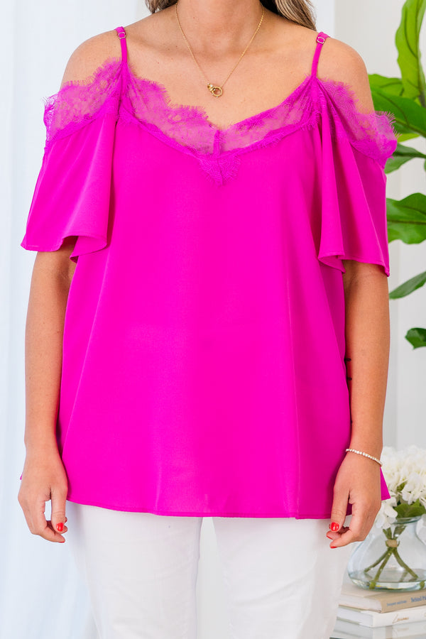 Chic Soul plus size clothing, fuchsia short sleeve cold shoulder top with lace trim detail