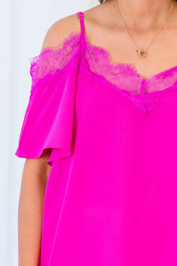 Chic Soul plus size clothing, fuchsia short sleeve cold shoulder top with lace trim detail