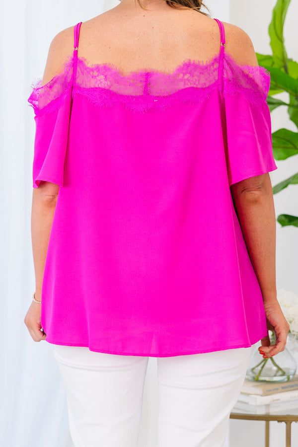 Chic Soul plus size clothing, fuchsia short sleeve cold shoulder top with lace trim detail