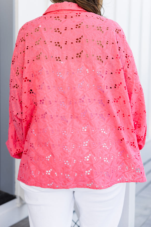 Chic Soul plus size clothing, coral pink eyelet design long sleeve button down top with collar