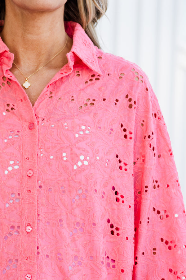 Chic Soul plus size clothing, coral pink eyelet design long sleeve button down top with collar