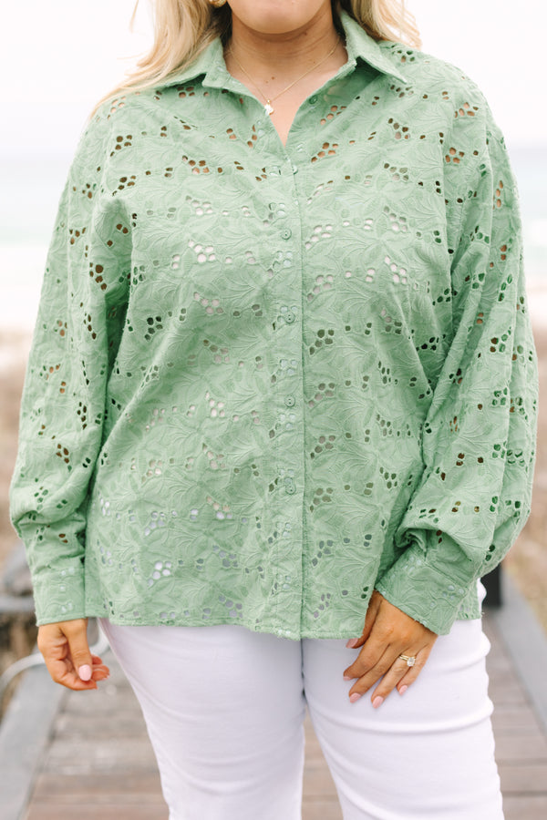Chic Soul plus size clothing, sage eyelet button-up top with long bubble sleeves and a collar 