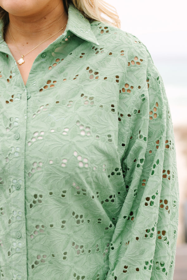 Chic Soul plus size clothing, sage eyelet button-up top with long bubble sleeves and a collar 