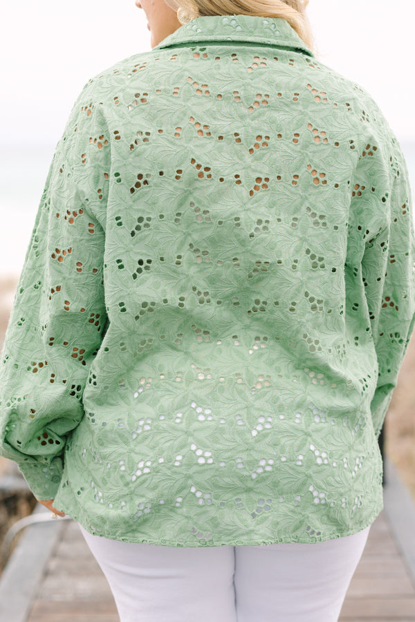 Chic Soul plus size clothing, sage eyelet button-up top with long bubble sleeves and a collar 