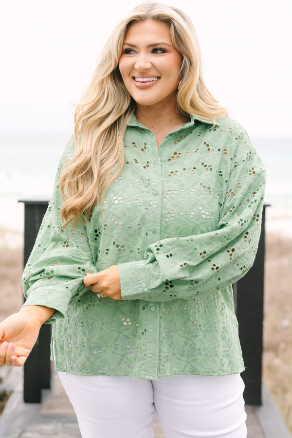 Chic Soul plus size clothing, sage eyelet button-up top with long bubble sleeves and a collar 