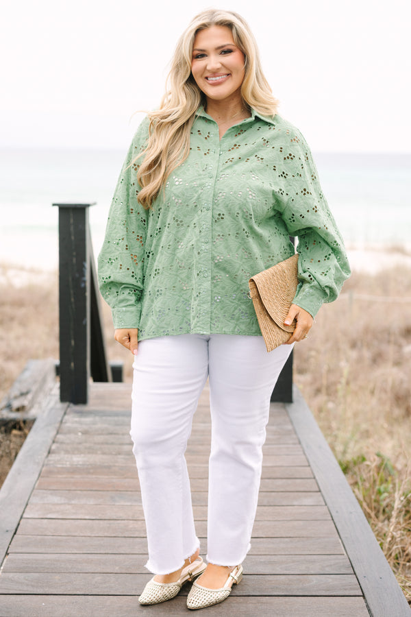 Chic Soul plus size clothing, sage eyelet button-up top with long bubble sleeves and a collar 