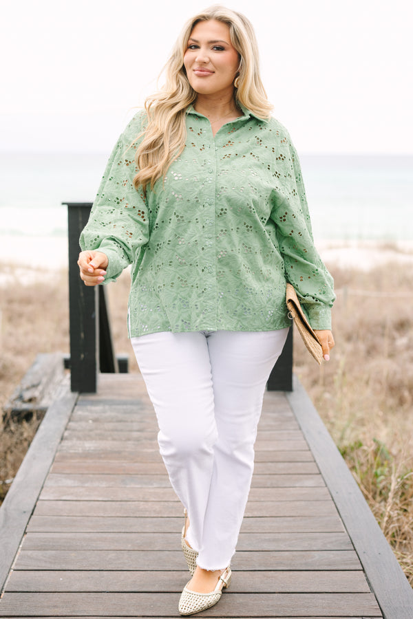 Chic Soul plus size clothing, sage eyelet button-up top with long bubble sleeves and a collar 