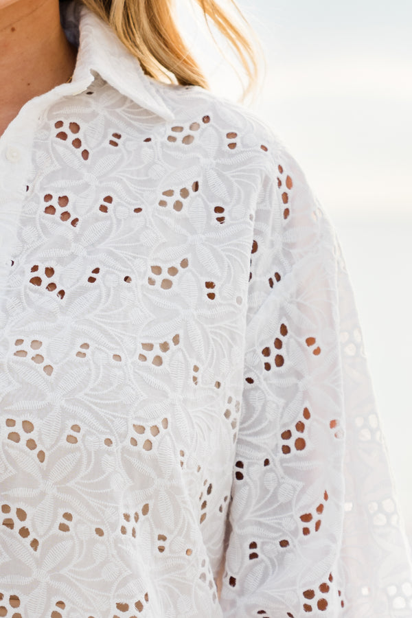 Chic Soul plus size clothing, long-sleeve sheer white eyelet top with a classic collar and button cuffs