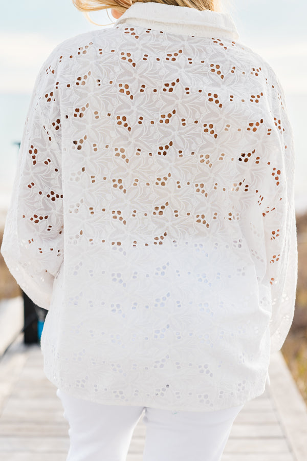 Chic Soul plus size clothing, long-sleeve sheer white eyelet top with a classic collar and button cuffs