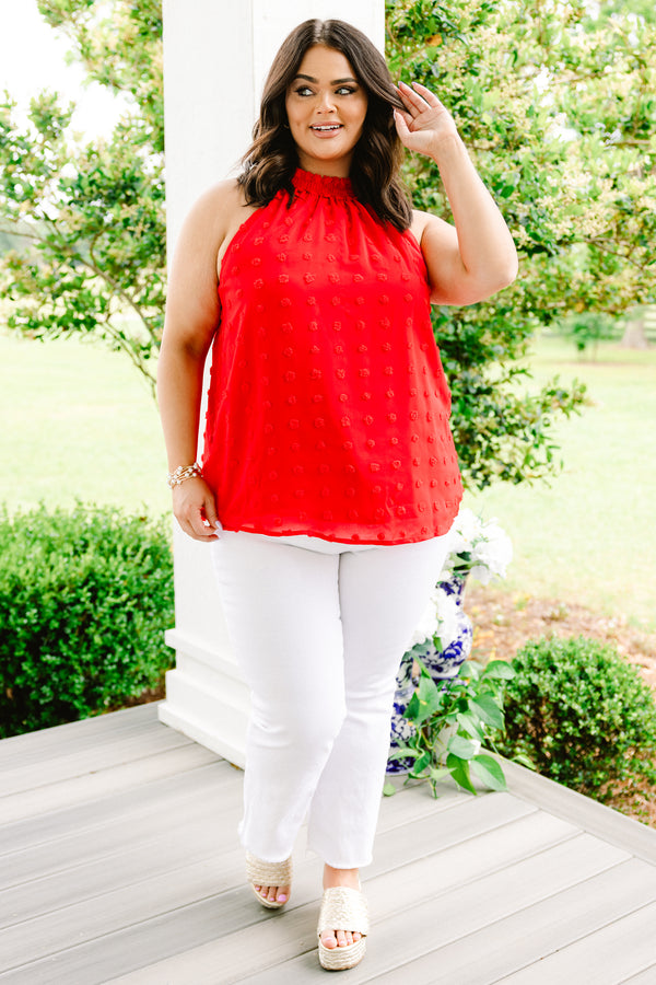 Chic Soul plus size clothing, red halter sleeveless top with textured polka dots