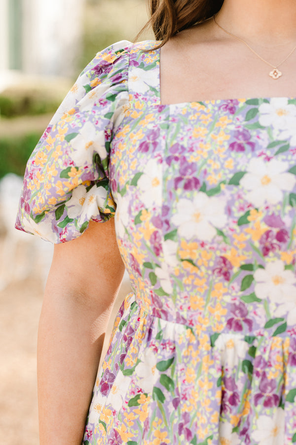 Chic Soul plus size clothing, purple multi floral print short sleeve maxi dress with smocked top with square neckline with puff sleeves and cinched waist