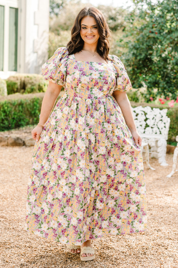 Chic Soul plus size clothing, purple multi floral print short sleeve maxi dress with smocked top with square neckline with puff sleeves and cinched waist