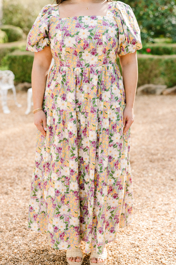 Chic Soul plus size clothing, purple multi floral print short sleeve maxi dress with smocked top with square neckline with puff sleeves and cinched waist