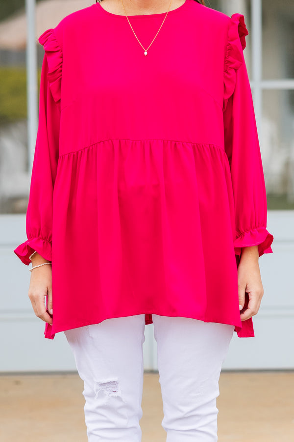 Plus Size hot pink long sleeve top with ruffle shoulders, bubble sleeves, and a tiered bodice.