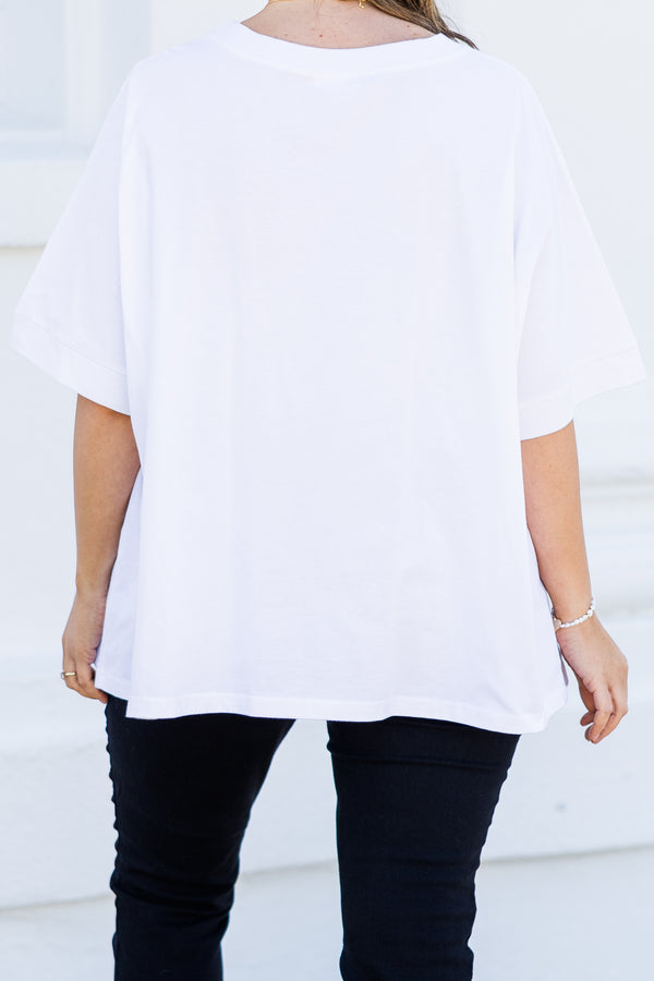 Chic Soul plus size clothing, short-sleeve white top with scoop-neckline and pink multi-colored sequined bows scattered across the top