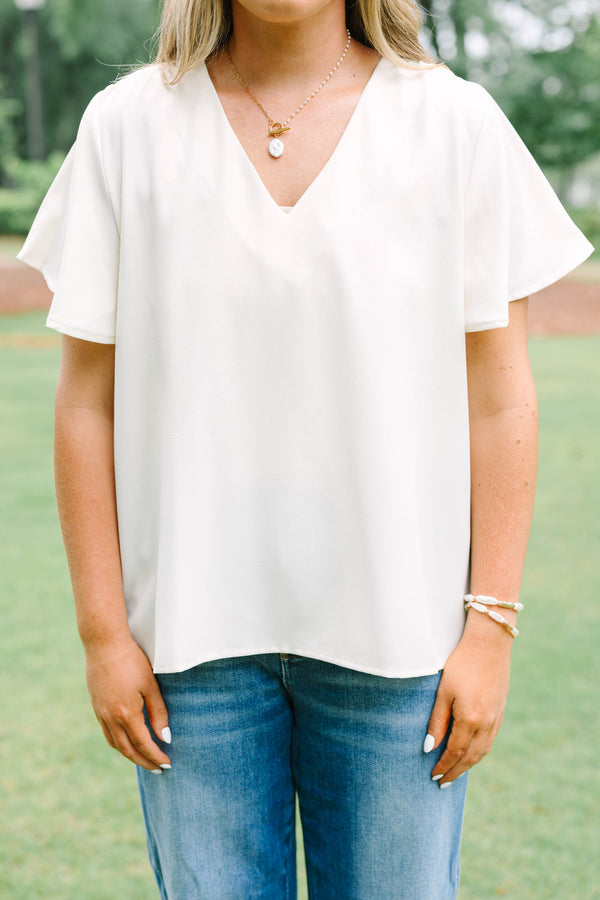 Chic Soul plus size clothing, ivory v-neck top with short sleeves and flutter sleeves