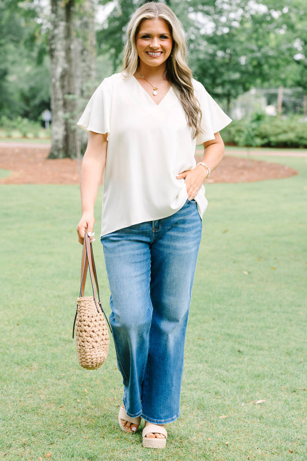Chic Soul plus size clothing, ivory v-neck top with short sleeves and flutter sleeves