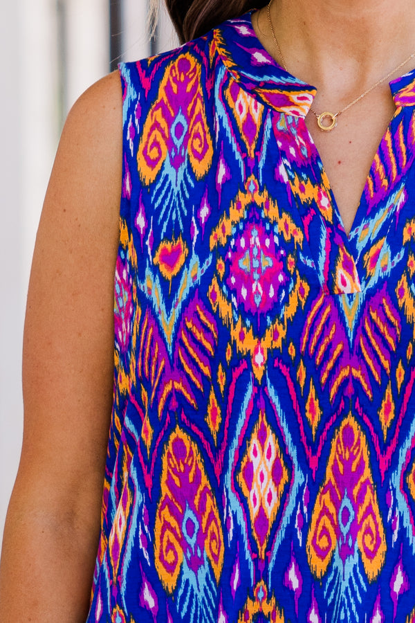 Chic Soul plus size clothing, sleeveless aztec pattern purple multi print top with v cutout along neckline