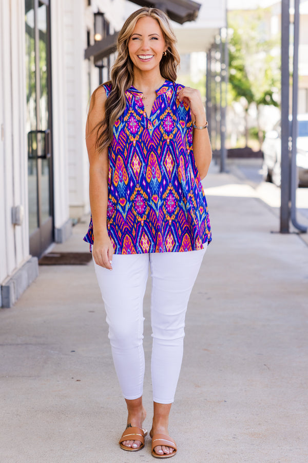 Chic Soul plus size clothing, sleeveless aztec pattern purple multi print top with v cutout along neckline