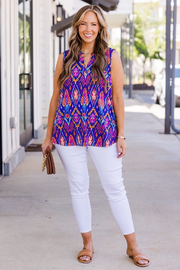 Chic Soul plus size clothing, sleeveless aztec pattern purple multi print top with v cutout along neckline
