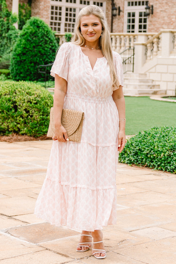 Chic Soul plus size clothing, baby pink short sleeve midi dress with an abstract pattern and a v-neckline
