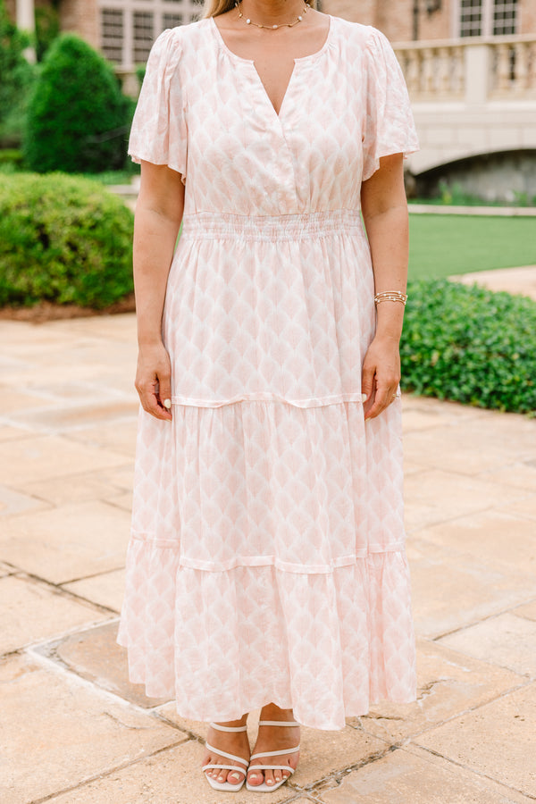 Chic Soul plus size clothing, baby pink short sleeve midi dress with an abstract pattern and a v-neckline
