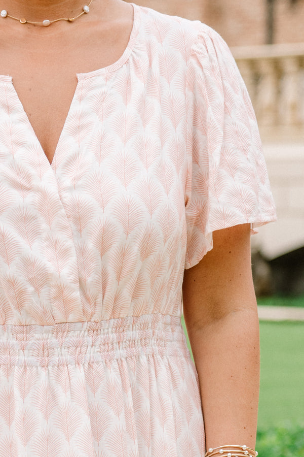 Chic Soul plus size clothing, baby pink short sleeve midi dress with an abstract pattern and a v-neckline
