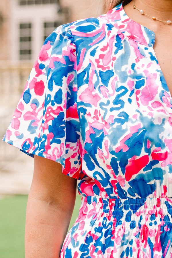 Chic Soul plus size clothing, short-sleeve fuchsia and blue abstract midi dress