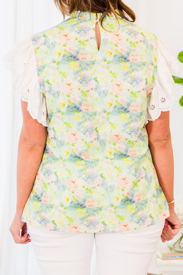 Chic Soul plus size clothing, white short-flutter-sleeve sage green top with a ruffled mock neck and a subtle watercolor floral pattern