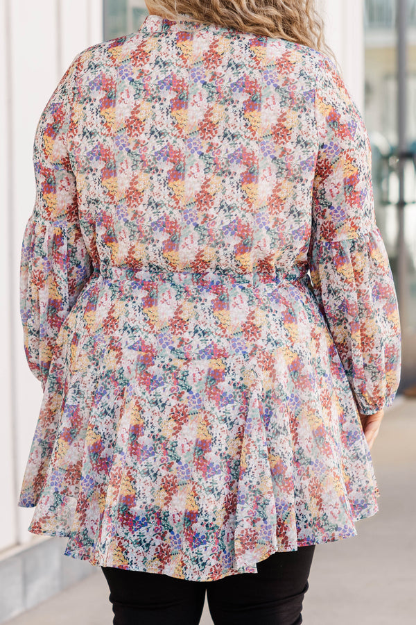 Chic Soul plus size clothing, multicolor floral pattern flowy tiered babydoll top with bubble sleeves