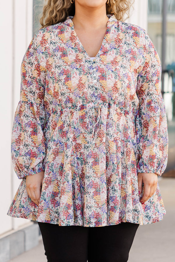 Chic Soul plus size clothing, multicolor floral pattern flowy tiered babydoll top with bubble sleeves