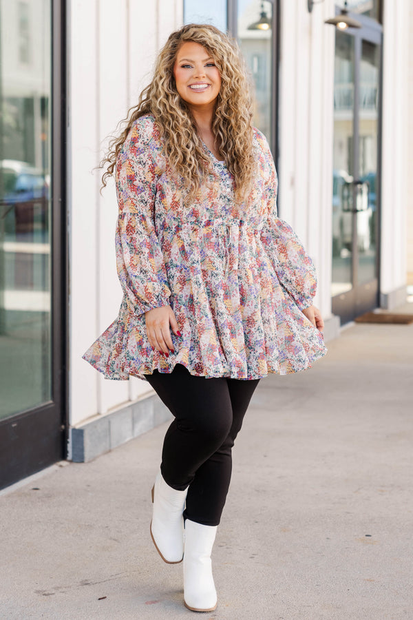 Chic Soul plus size clothing, multicolor floral pattern flowy tiered babydoll top with bubble sleeves