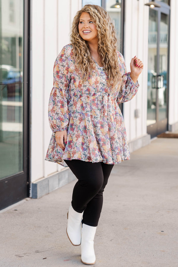 Chic Soul plus size clothing, multicolor floral pattern flowy tiered babydoll top with bubble sleeves