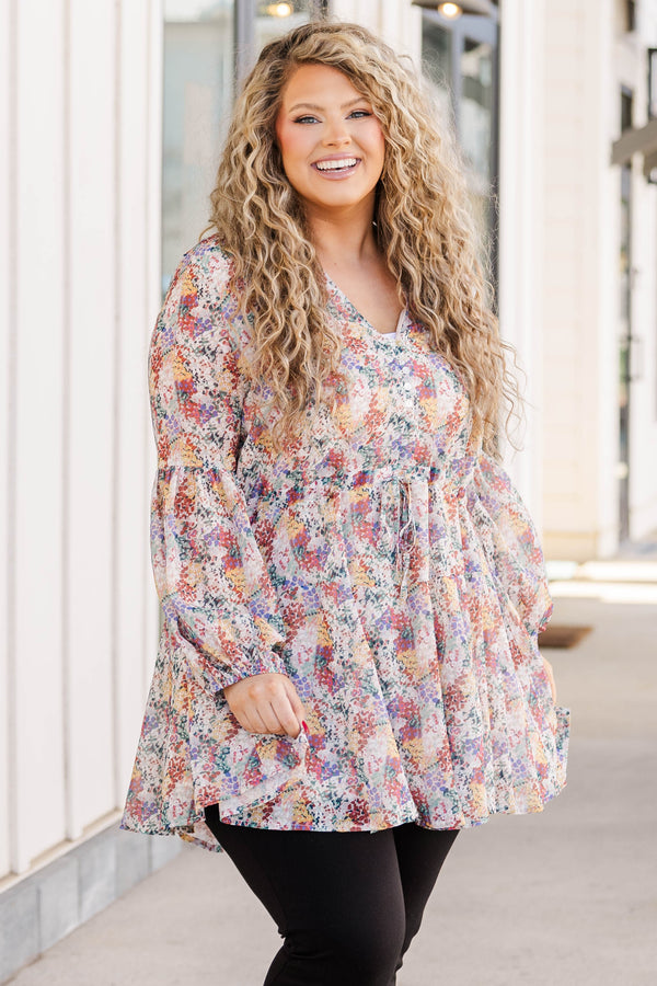 Chic Soul plus size clothing, multicolor floral pattern flowy tiered babydoll top with bubble sleeves